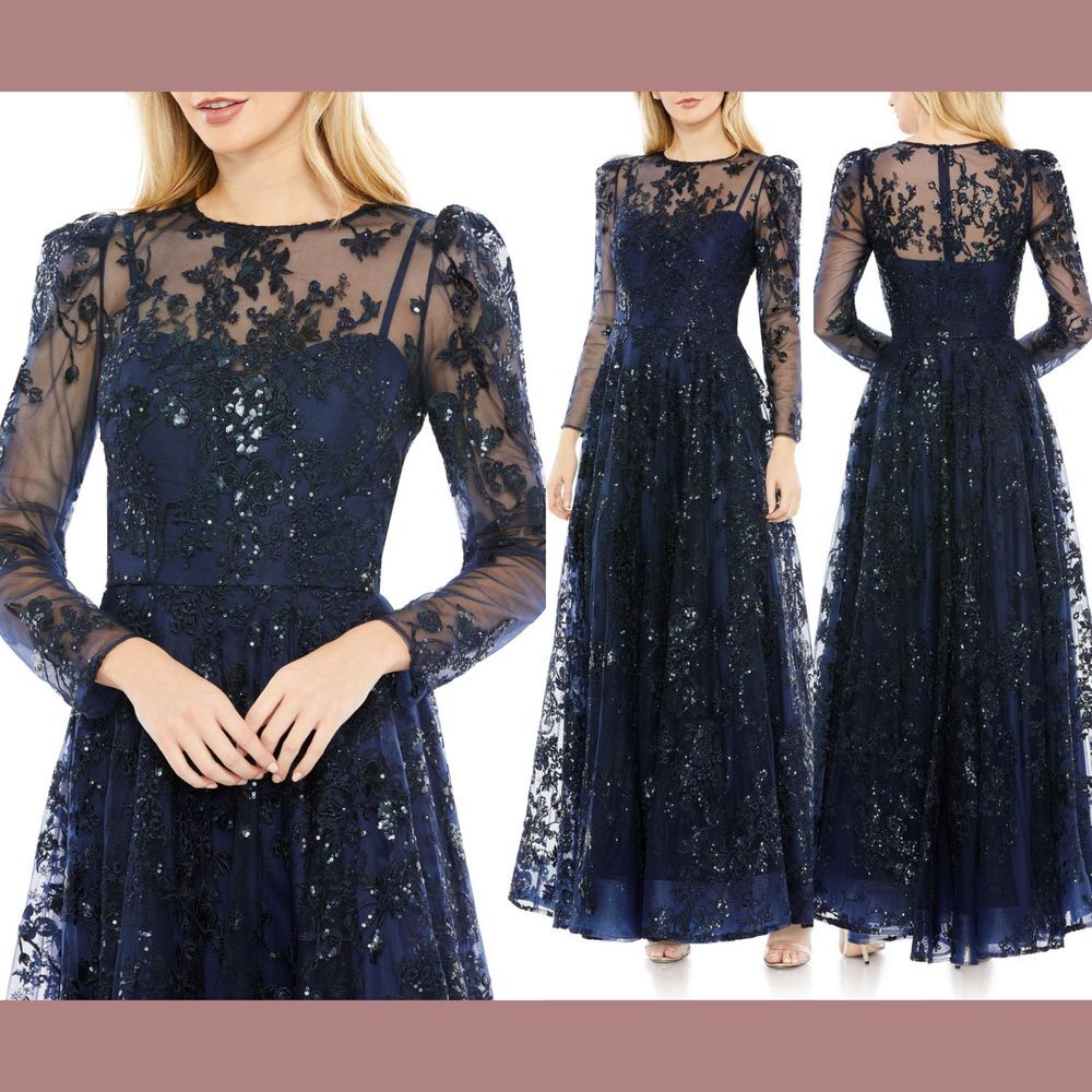 NWT $598 Mac Duggal [ 12 ] Embroidered Illusion High Neck A Line Gown Blue #S962